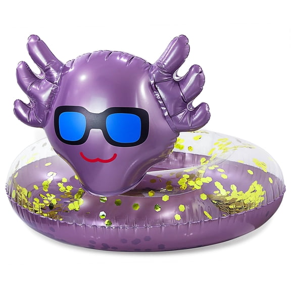 POZA Inflatable Axolotl Pool Float Tube - Sparkly Confetti-Filled Swim Lounger Float, UV-Resistant Vinyl Purple Gold Floating Pool Ring for Beach, Lake, Animal Swim Ring for Kids, Adults - 36 Inches
