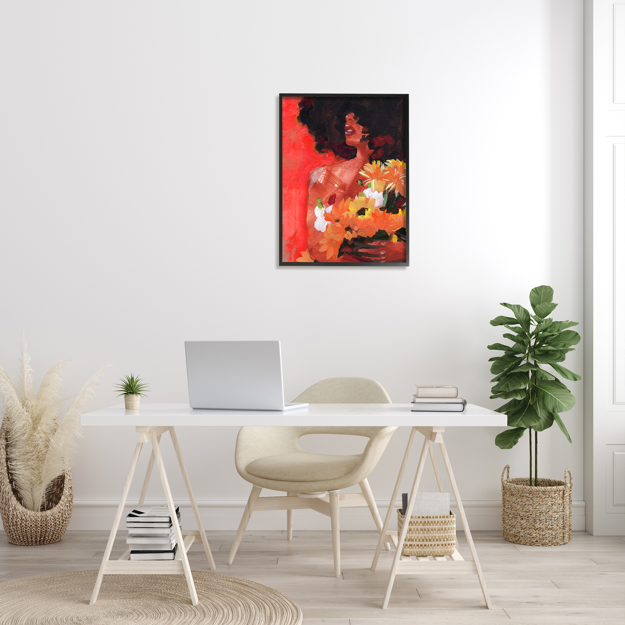Stupell Industries African Woman Summer Sunflower Bouquet Red Yellow Botanical & Floral Painting Black Framed Art Print Wall Art, 24 x 30