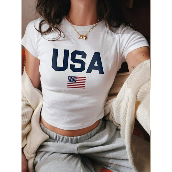 Patriotic USA Graphic Cropped T Shirt