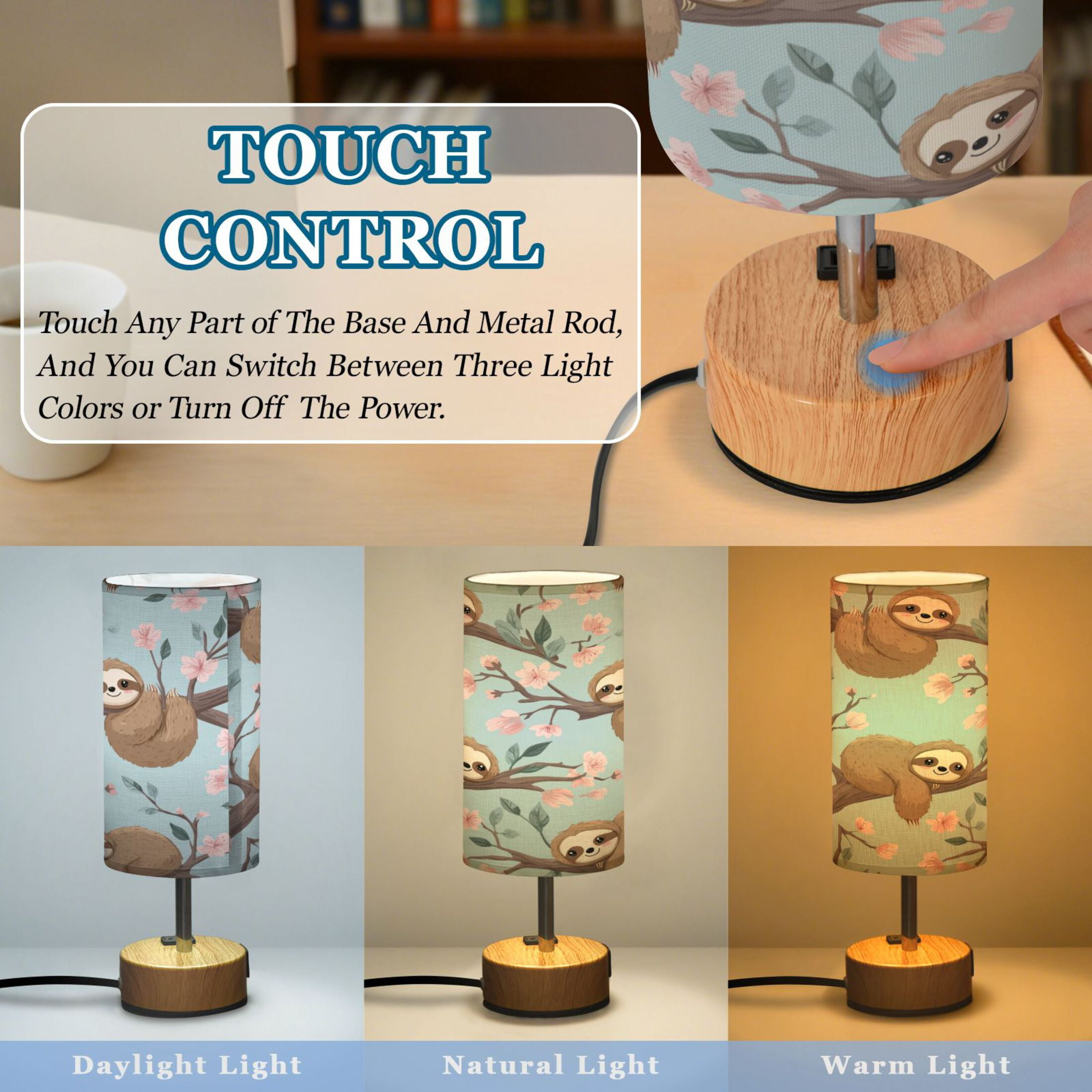 Touch-Control 3-Color Desk Lamp with Plug – Energy-Saving LED + 3 Simultaneous Charging Ports Cute Cartoon Sloth