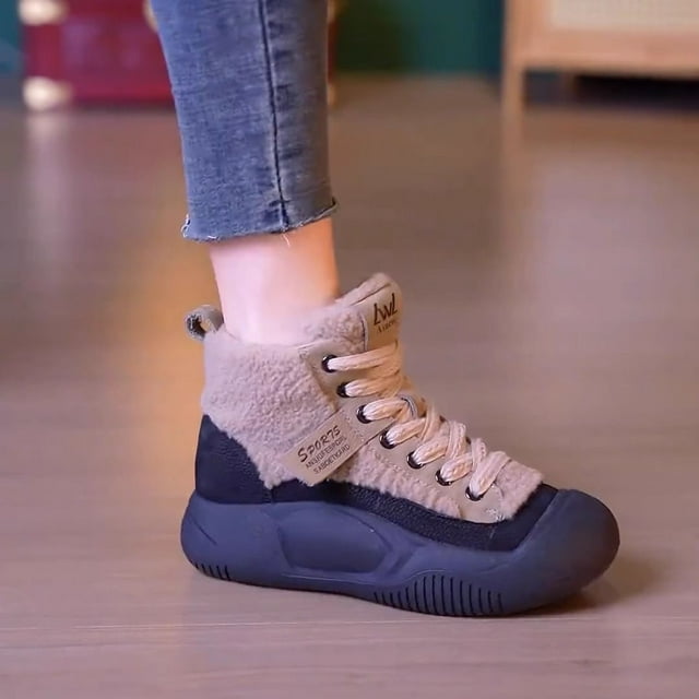 Botas de nieve para mujer, de invierno, con forro polar, gruesas, cálidas, con relleno de algodón, botas cortas de caña alta y suela gruesa con punta cerrada y botas de nieve peludas