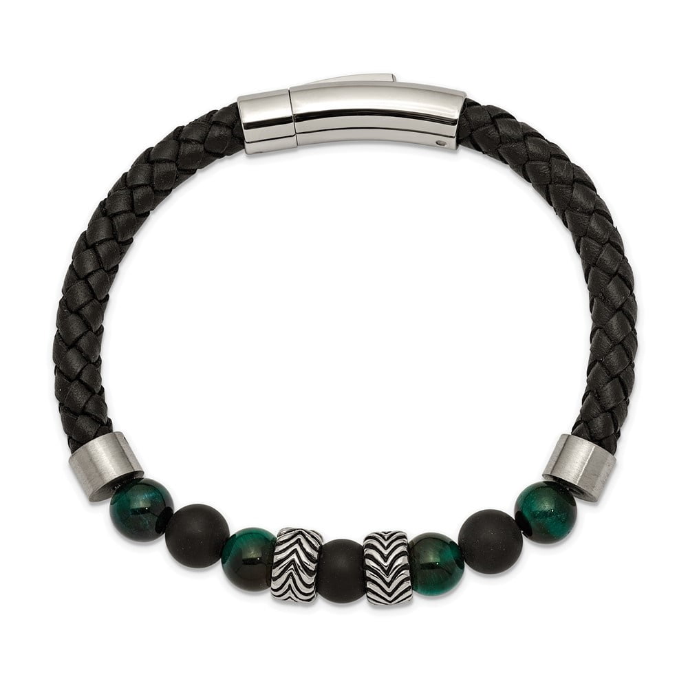 Diamond2Deal Stainless Steel Black Agate and Green Tiger's Eye Beads Black Leather Bracelet for Men 8.5"