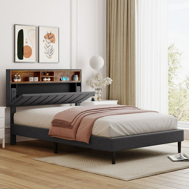 Full Size Bed Frame with USB Ports and Outlets, Upholstered Platform