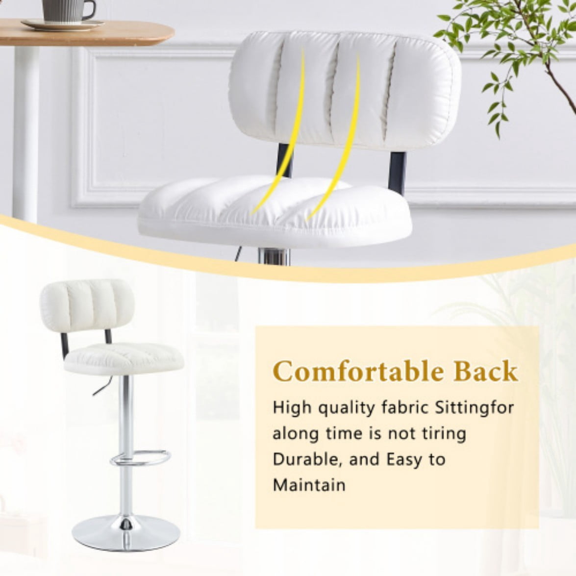 Set of 2 Adjustable Bar Stools, White PU Leather Upholstered Counter Height Chairs with Chrome Base & Footrest for Kitchen Island & Home Bar. White & Silver