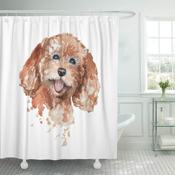 YUSDECOR Adorable Brown Toy Watercolor Cute Poodle Sketch Drawing Red Bathroom Decor Bath Shower Curtain 60x72 inch