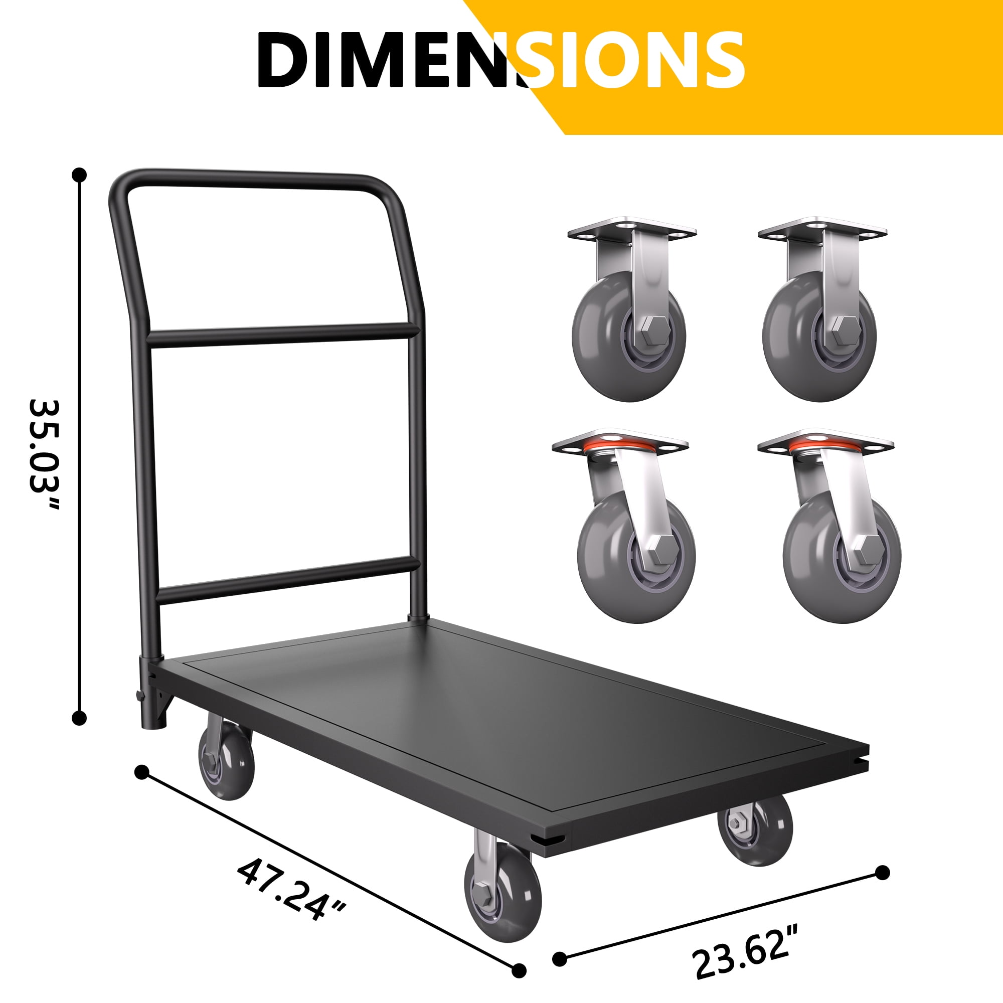 HOHYN Heavy-Duty Utility Push Carts, 2000 lbs Load Rating Steel Flatbed Cart, 47" Length x 24" Width x 32" Height Flat Dolly, Hand Trucks with 5" Nylon Casters, Platform Truck for Luggage Moving