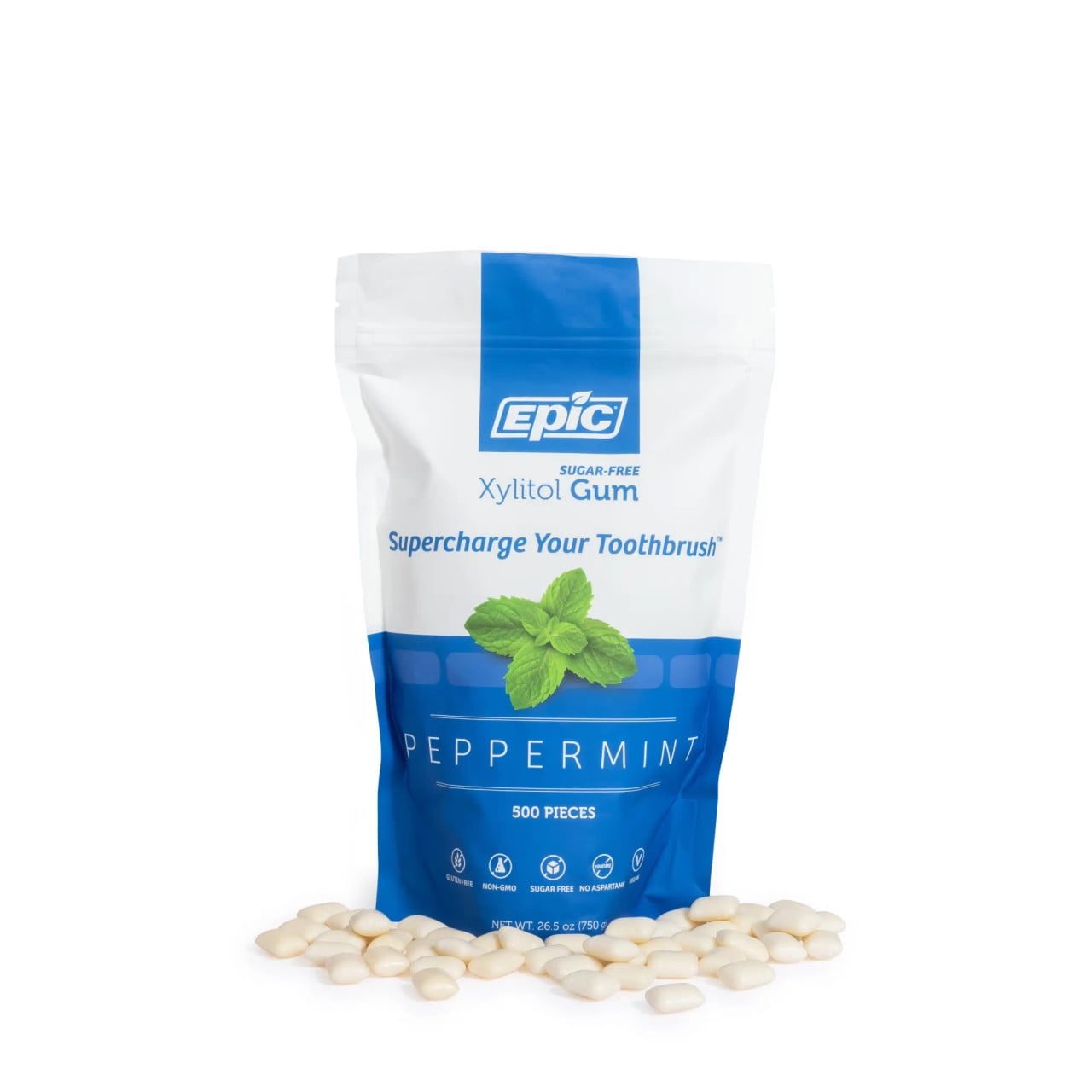 Epic Xylitol Chewing Gum - Sugar Free & Aspartame Free Chewing Gum Sweetened w/Xylitol for Dry Mouth & Gum Health (Peppermint, 500-Piece Bag, 1 Bag)