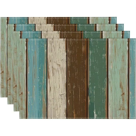 4pcs Antique Vintage Country Wood Placemats, Table Mats Durable Washable Rustic Linen Vintage Placemats for Home Dinner Party Camping Wedding Table Decoration 12 x 18 Inch