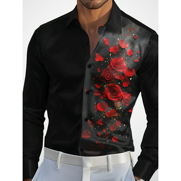 Mens Floral 3D Printed Dress Shirts Shiny Long Sleeve Button Down Party Disco Performing Black XL