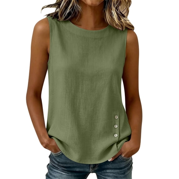 TEAJOPSUU Womens Cotton Blend Tank Tops Crew Neck Sleeveless Summer Tops Solid Loose Fit Casual Shirts for Everyday Beach Olive Green
