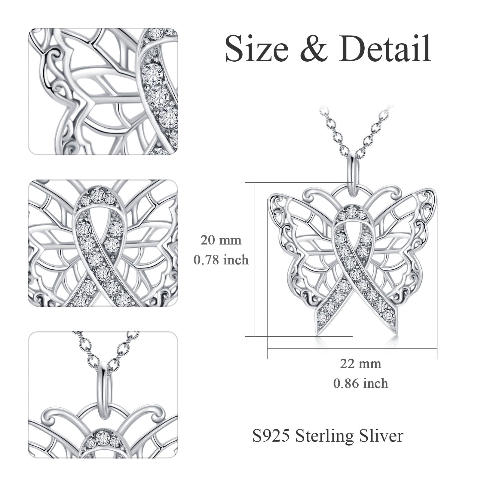 SOULMEET Butterfly Necklace 926 Sterling Silver with Crystal Cancer Survivor Jewelry Gifts for Women