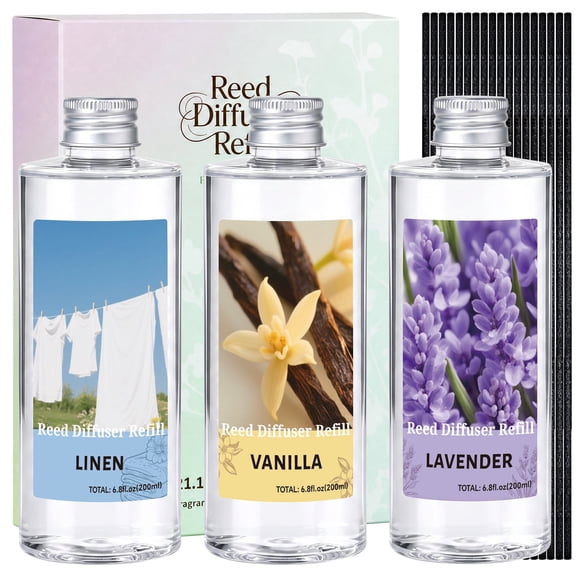 LA BELLEFÉE Reed Diffuser Refill, Linen Vanilla & Lavender Scents, 20.28oz/600ml with 18 Reed Sticks, Long-Lasting Home Fragrance Oil 3-Pack