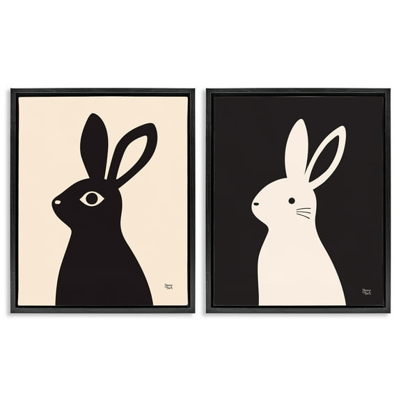 Stupell Industries Cream & Black Rabbits Animals Painting Black Floater Framed Canvas Art Print Wall Art, 17 x 21, Set of 2