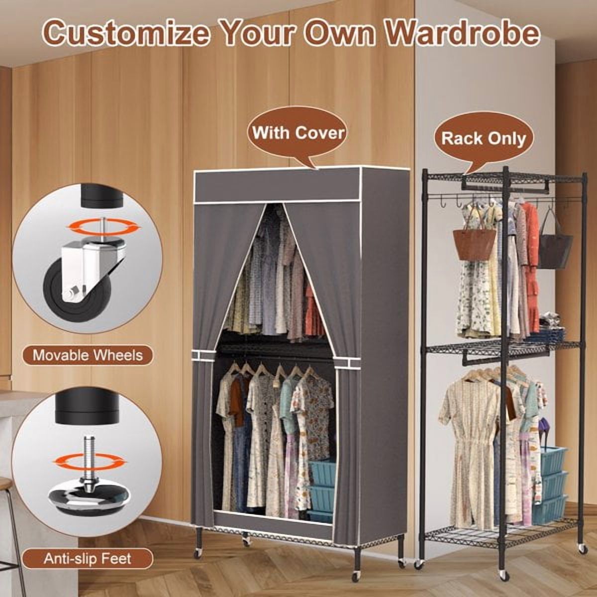 2 Tier Clothing Rack With Cover Portable Wardrobe Closet Covered Garment Rack with 4 Wheels 2 Hanging Rods 2 Hook Racks 35.43x17.13x72.44in