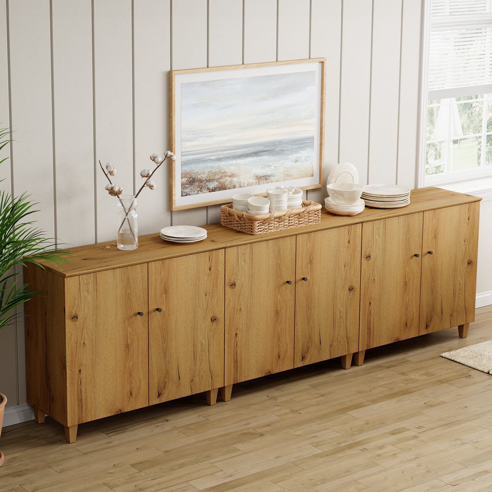 Sideboard Buffet Cabinet with 9 Compartments, 106" Wide, Oak Brown Wood Finish