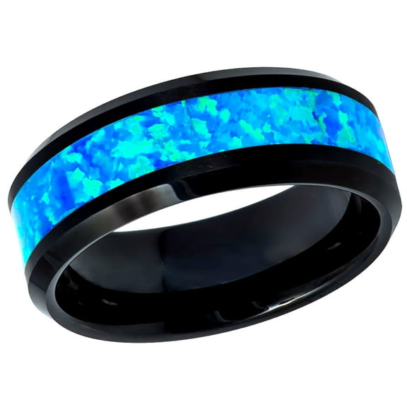 Free Engraving Personalized Custom Engraving Men's Women's Tungsten Wedding Band 8mm Synthetic Opal Inlay Black IP Plated Beveled Edge RingSZ: 7