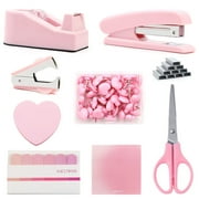 Pink Desk Accessories, Pink Office Supplies with Stapler, Tape Dispenser, Staples, Staple Remover, Push Pins, Scissors, Tabs