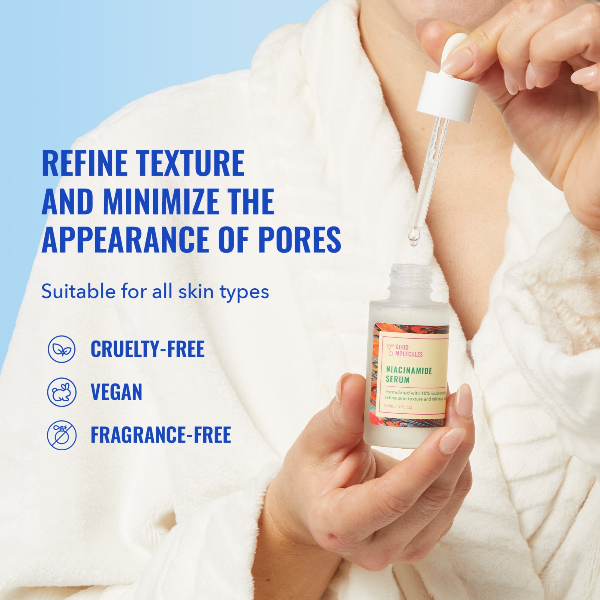 Good Molecules Niacinamide Face Serum. Woman holding the affordable skincare serum with text on graphic. Refine texture and minimize the appearance of pores.