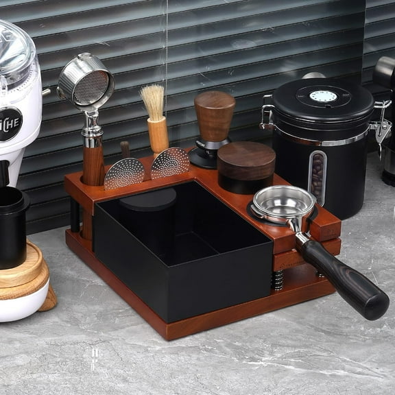 Espresso Knock Box Tamping Station Two-Tier Organizer with Spring-Loaded Portafilter Holder