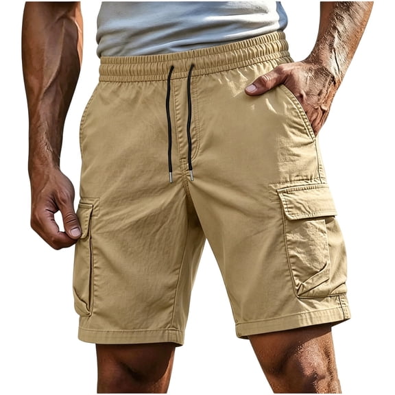 Men's Casual Shorts Pack Men's Hiking Shorts with Multi-pocket, Drawstring Waist Cargo Short Pants, Outdoor Workout Athletic Bottoms Khaki XXL