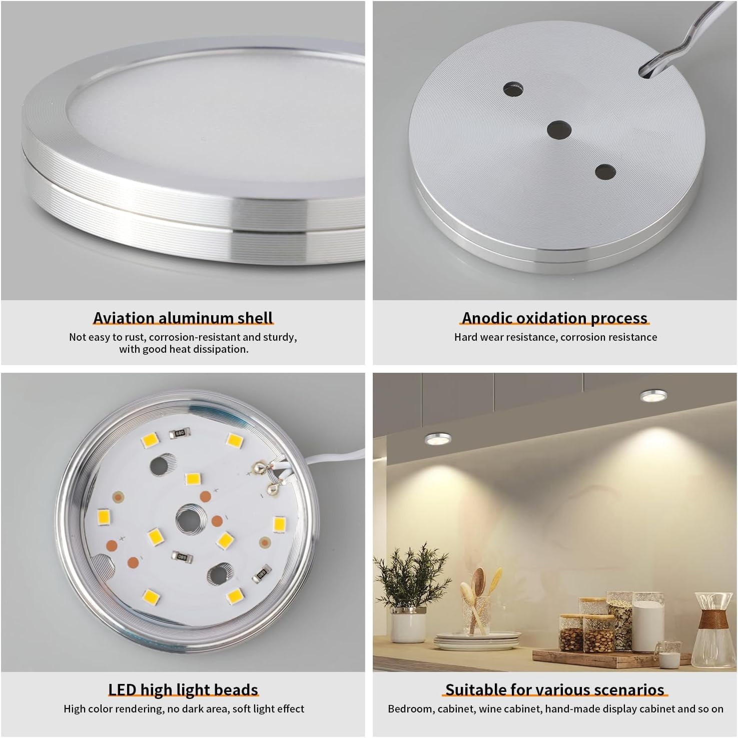 LED Cabinet Light with Remote Control – 10-Level Dimmable Under Cabinet Lighting, Slim Design, 12V Adapter, Wide Beam for Kitchen, Bookshelf, Showcase, Wine Cabinet, and Dresser, Set of 4,