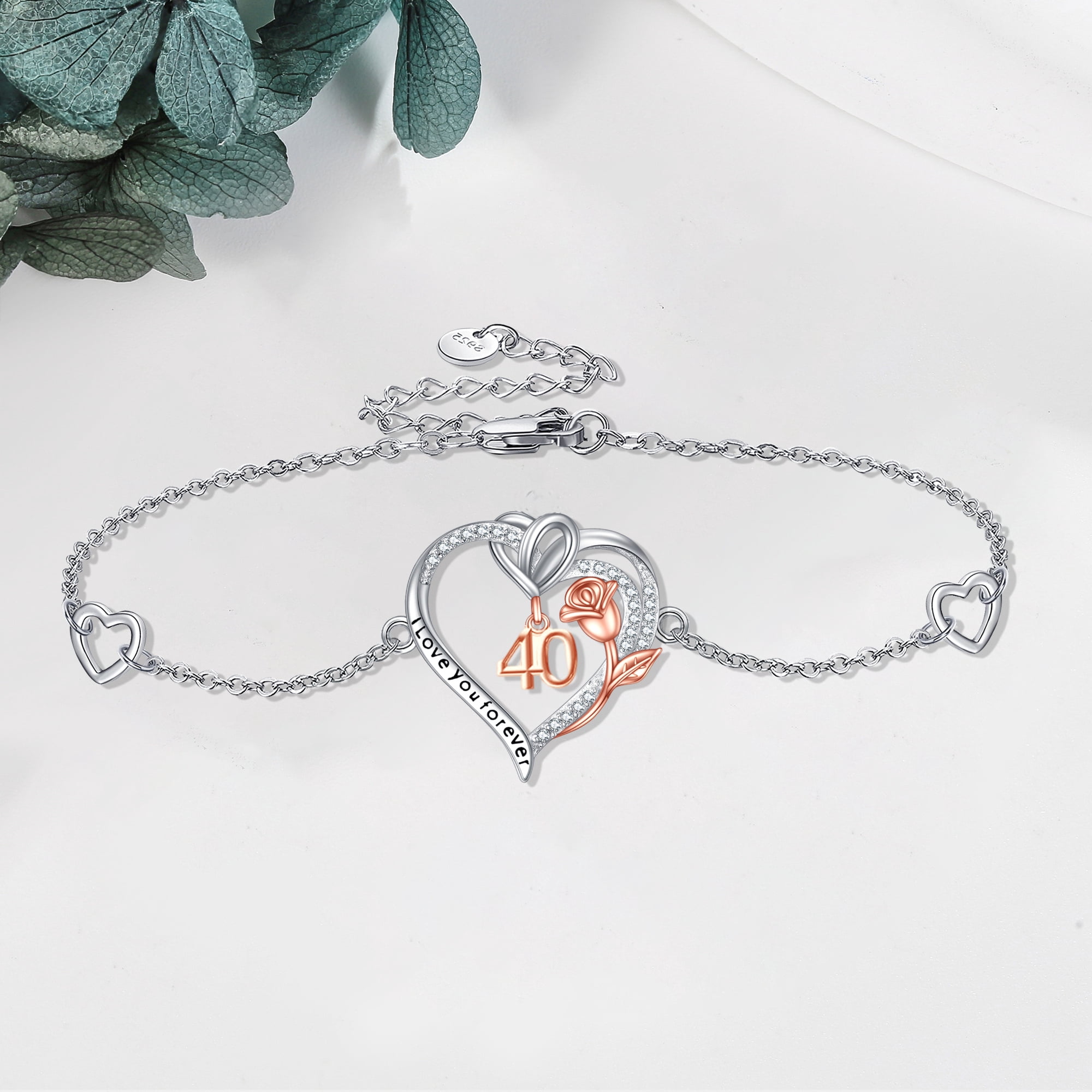 Birthday Bracelet Sterling Silver 40th Birthday Bracelet Heart Rose Flower Birthday Jewelry for Women Mothers Day Christmas Gifts