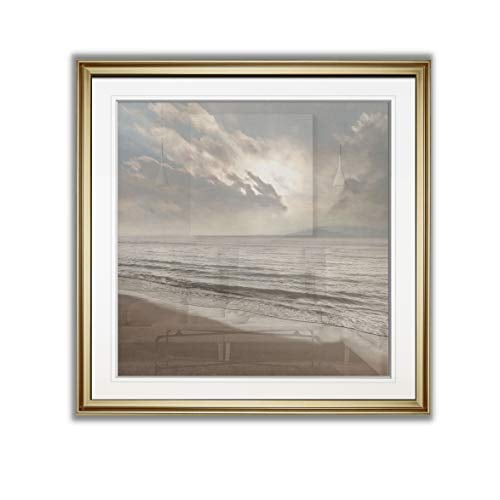 Renditions Gallery PF019-40322-28x28 Misty Morning Coastal Beach Pictures Framed Wall Art Decor Landscape Paintings Fine Giclee Prints, 28x28, Gold
