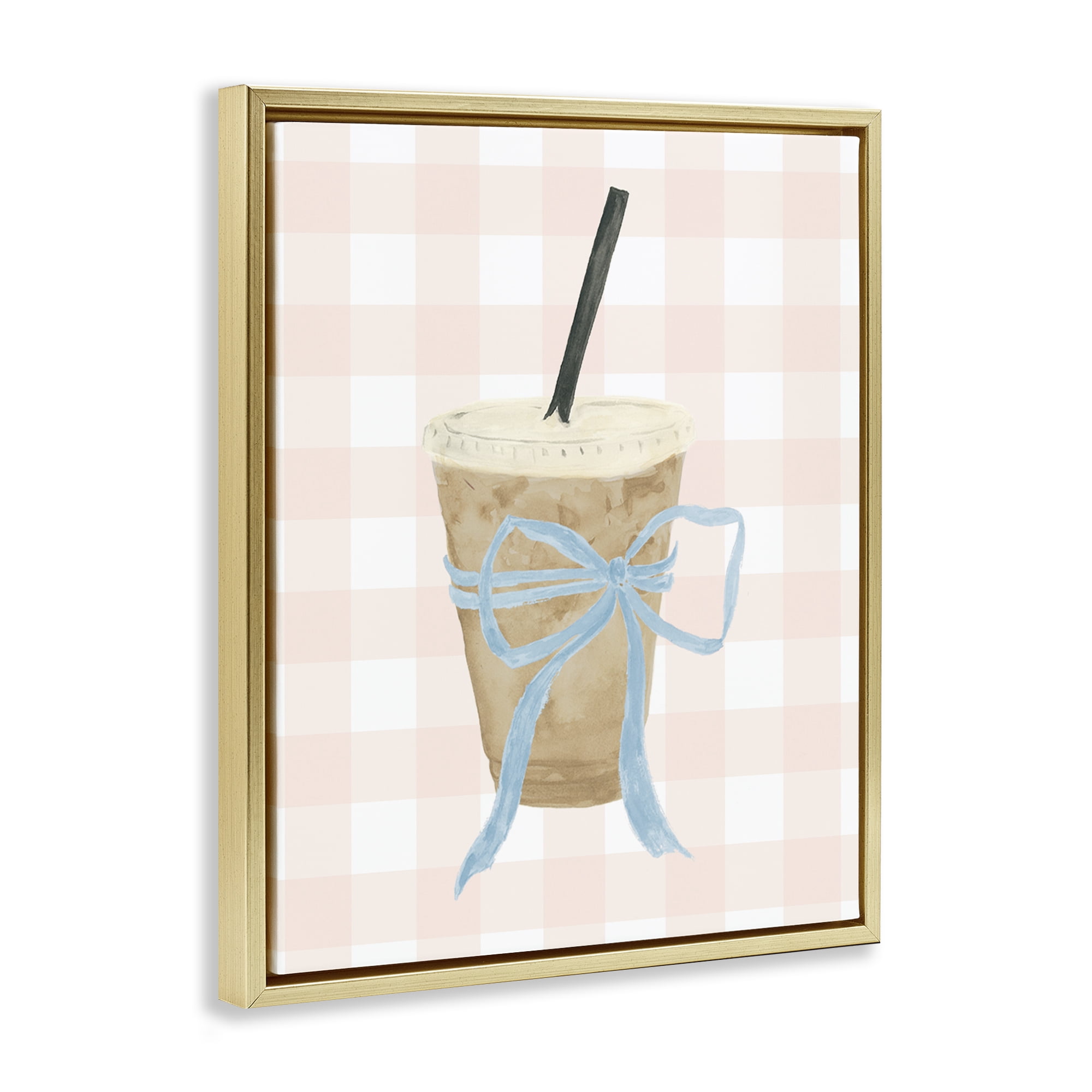 Stupell Industries Iced Coffee on Gingham Gold Framed Floater Canvas Wall Art, design by Lucille Price