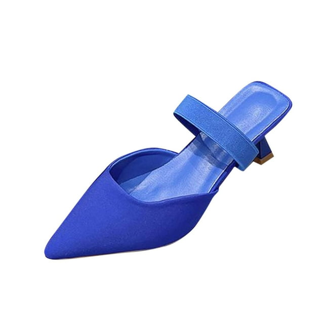 Mules for Women Kitten Heels Pointy Toe Elastic Strap Slide Solid Color Backless Pumps Blue