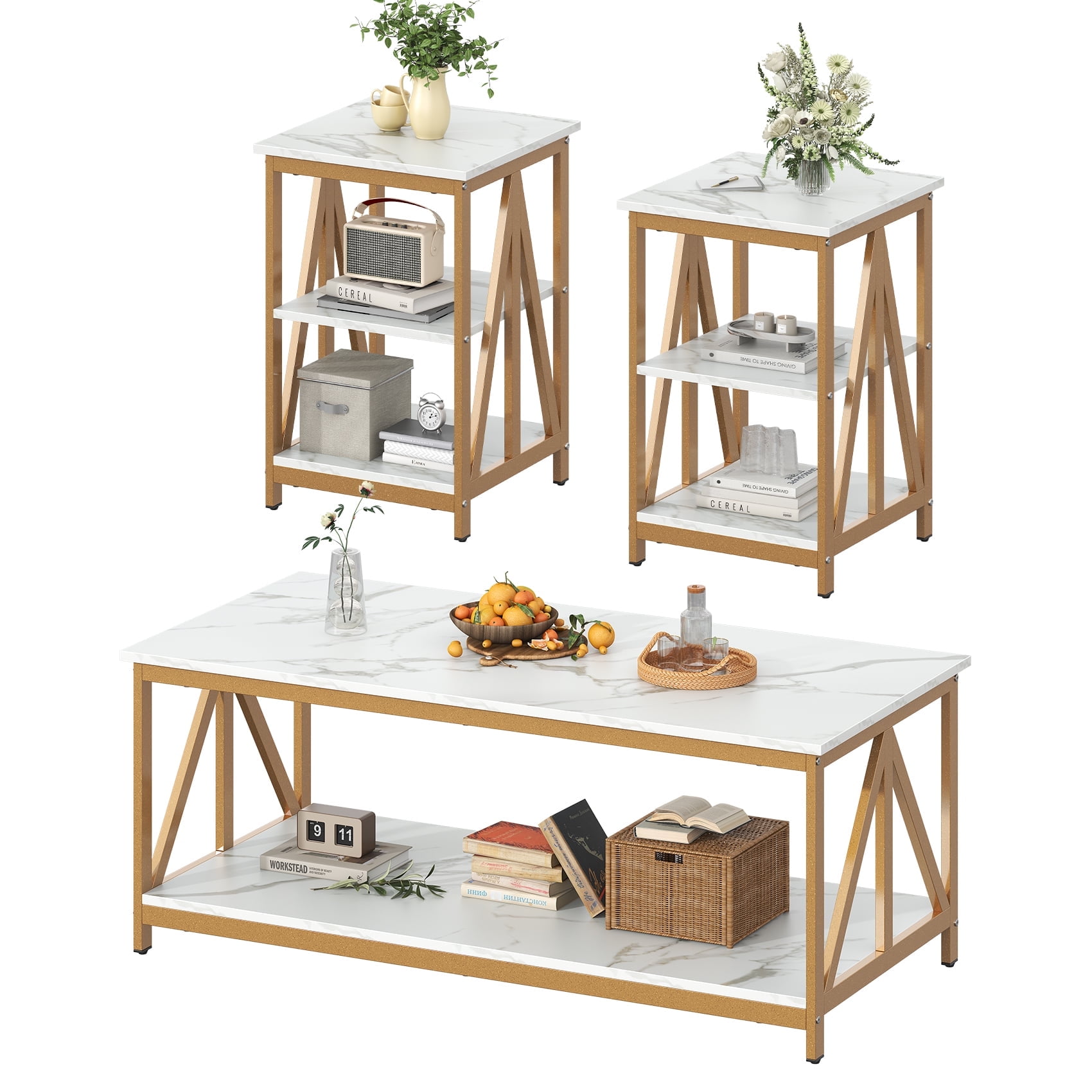 Winkalon 3-Piece Coffee Table Set with Coffee Table and 2 End Tables,Modern Living Room Table Set with Metal Frame for Apartment Home Office,White
