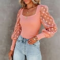 thumbnail image 2 of Arlun,Elegant Lace Splicing Long Sleeve Shirts for Women Trendy Plain Dotst Printed Sheer Puff Sleeve Fall Thin Tshirts Women's Elastic Slim Fit Soft Comfy Tops Pink XXL, 2 of 7