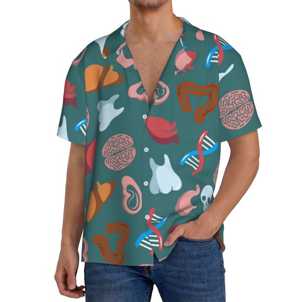 Balery cute Skull organ Camisa Casual de Manga Corta con Botones para Hombre, Texturizada, Estilo Cubano, para Playa, Verano-Large