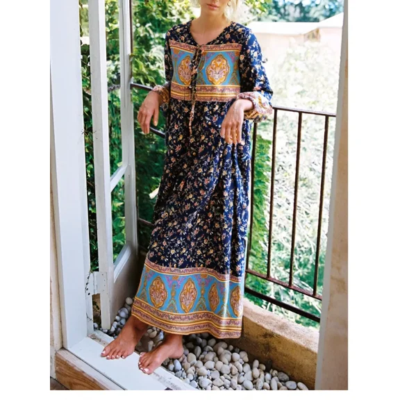 Vintage Chic Women Long Sleeve Tie Neck Ethnic Floral Print Beach Bohemian Maxi Dress Loose Kaftan Lady Rayon Boho Dresses Robe