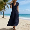 thumbnail image 6 of Women's Cotton Linen Midi Dress Summer Short Sleeve V‑Neck Asymmetrical Button Casual Dress with Side Pockets Navy M(M), 6 of 6