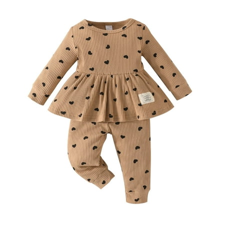 

Toddler Fall Outfits for Girls 6M-2Y Heart Print Ribbed Peplum Top Joggers Pants 2 Piece Clothes Matching Set Khaki 12 Months