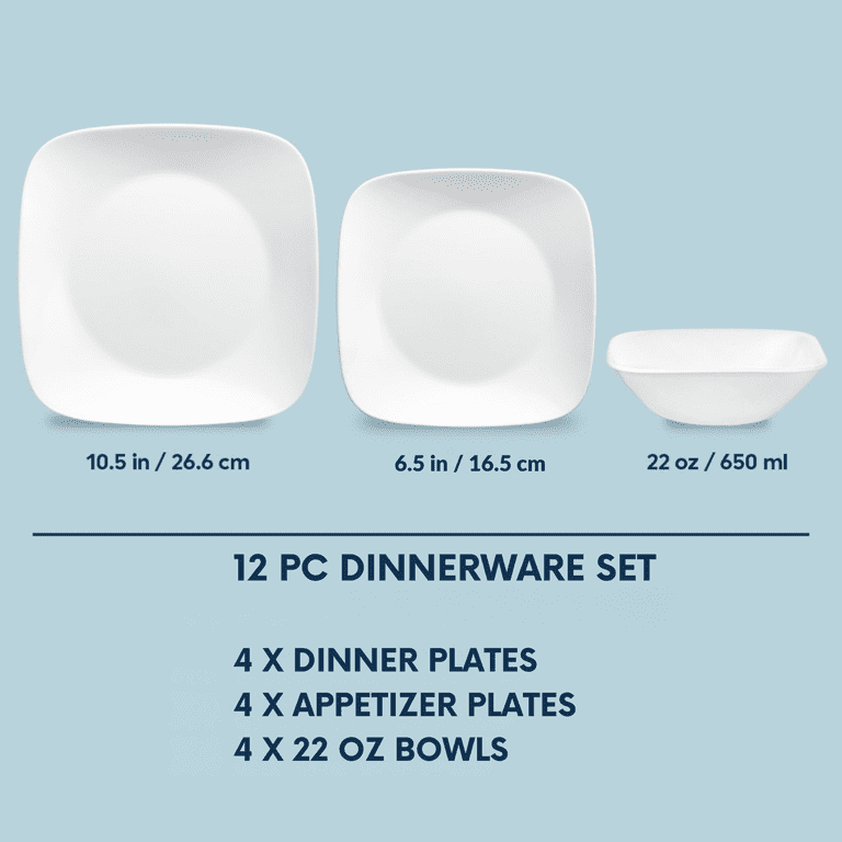 2 pack) Corelle®- Classic, Pure White Square 12-Piece Dinnerware