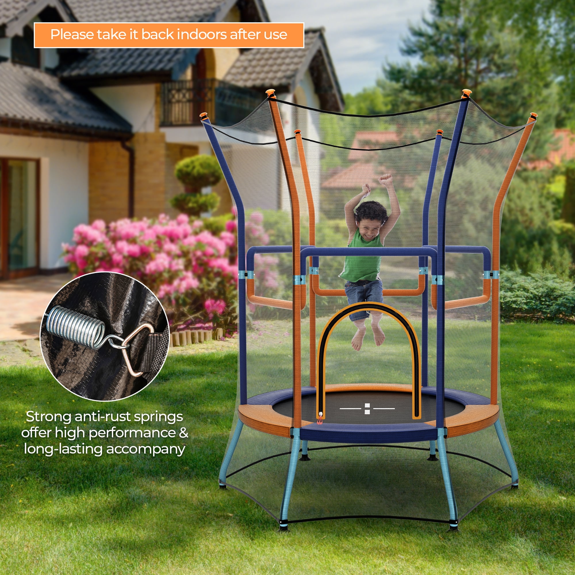 Gymax Kids Mini Trampoline w/ 59'' Higher Enclosure Net Seamless Jumping Mat Zipper Door Orange & Blue