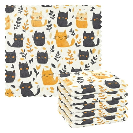 

6 Pieces of Kitchen Towels 11x11Inch Kitchen Dish Cloths Kitchen Dish Towels Reuseable Cleaning Cloths Cartoon Black and Gold Cat