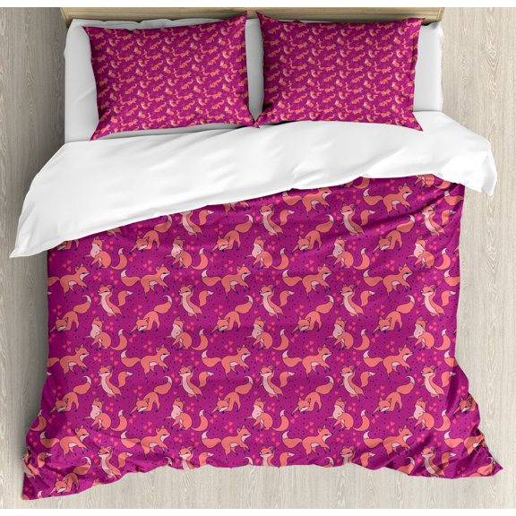 Forest Friends Duvet Cover Set King Size, Pattern with Lovely Foxes Hearts and Dots, Decorative 3 Piece Bedding Set with 2 Pillow Shams, Rose Dark Peach Dark Violet Blue Dark Magenta, by Ambesonne
