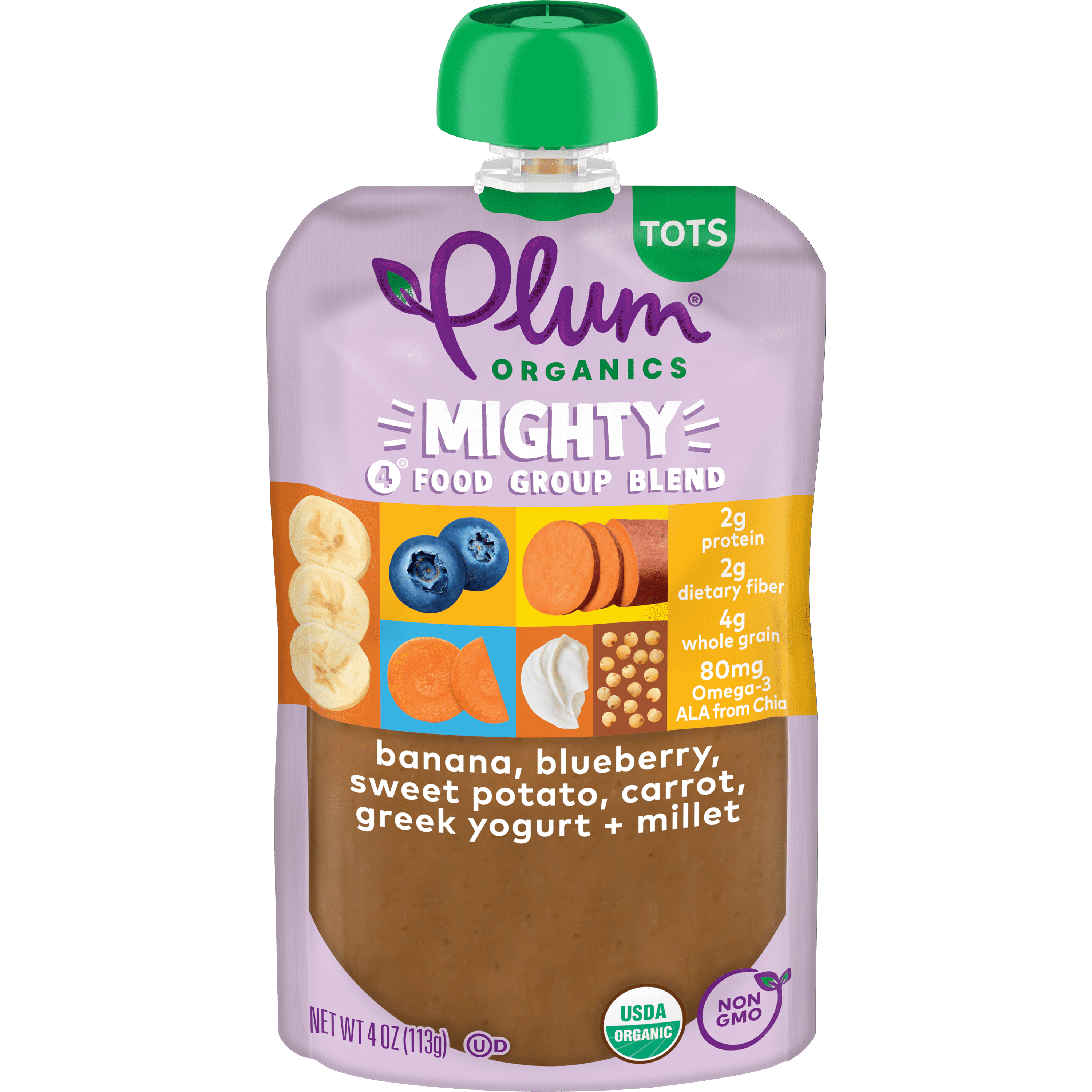 Plum Organics Mighty 4 Organic Toddler Food, Banana, Blueberry, Sweet Potato, Carrot, Greek Yogurt and Millet, 4 oz Pouch - Case of 12