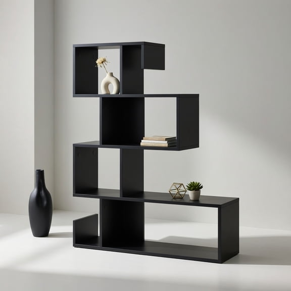 Demi Bonn 5-Tier S-Shaped Bookshelf Geometric Z-Shelf Bookcase with Open Cubes, Black