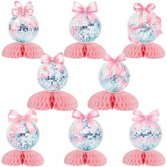 Pink Bow and Disco Ball Birthday Decorations Bows Disco Ball Honeycomb Centerpieces Discos Birthday Party Table Decor for 70s 80s Birthday Party Baby Shower Bachelorette Bridal Shower Supplies
