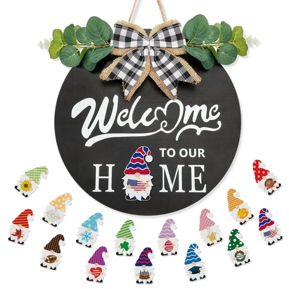 Welcome Sign for Front Door, FlashWee Magnetic Gnome Welcome Sign with 15 Detachable Gnome Ornaments - Interchangeable Seasonal Welcome Decor for Spring, Summer, Fall, Winter Holidays, Black