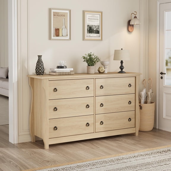 Yellow 6 Drawer Dresser with Curved Legs and Rattan Accents Freestanding Storage Cabinet for Bedroom Living Room Entryway or Balcony Wood Color