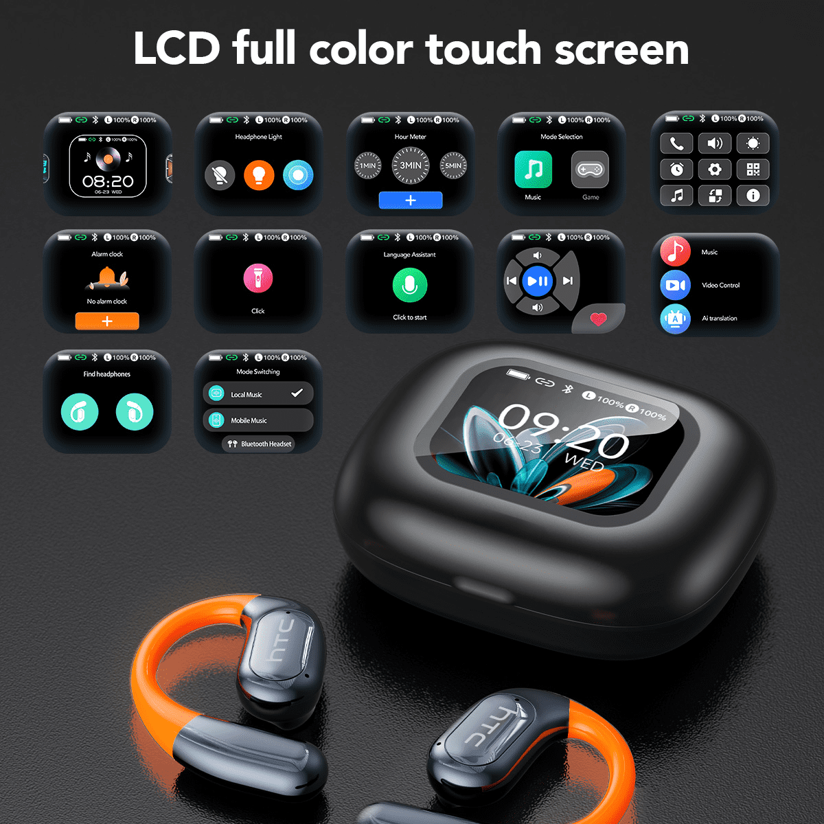 HTC NE27 Wireless Earbuds, AI Translate Earbuds Bluetooth 5.4 Headphones, Translator Earbuds with Mic Smart Screen,48H IP6 Waterproof Sport Headset