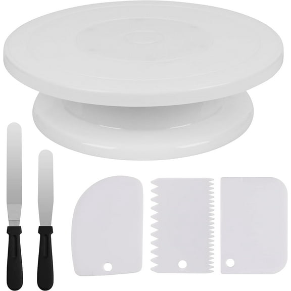 Joey'z 11 inch Rotating Cake Stand Turntable with 2 Icing Spatulas and 3 Icing Smoothers, Revolving Cake Decorating Kit
