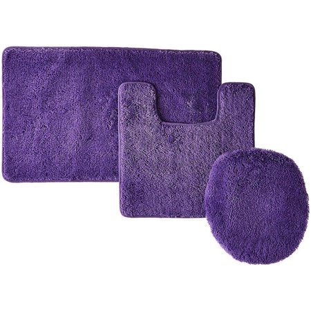 3 Piece Bathroom Set Solid Colors - Bath Mat Contour Rug Toilet Lid Cover- Soft Rug (Purple)