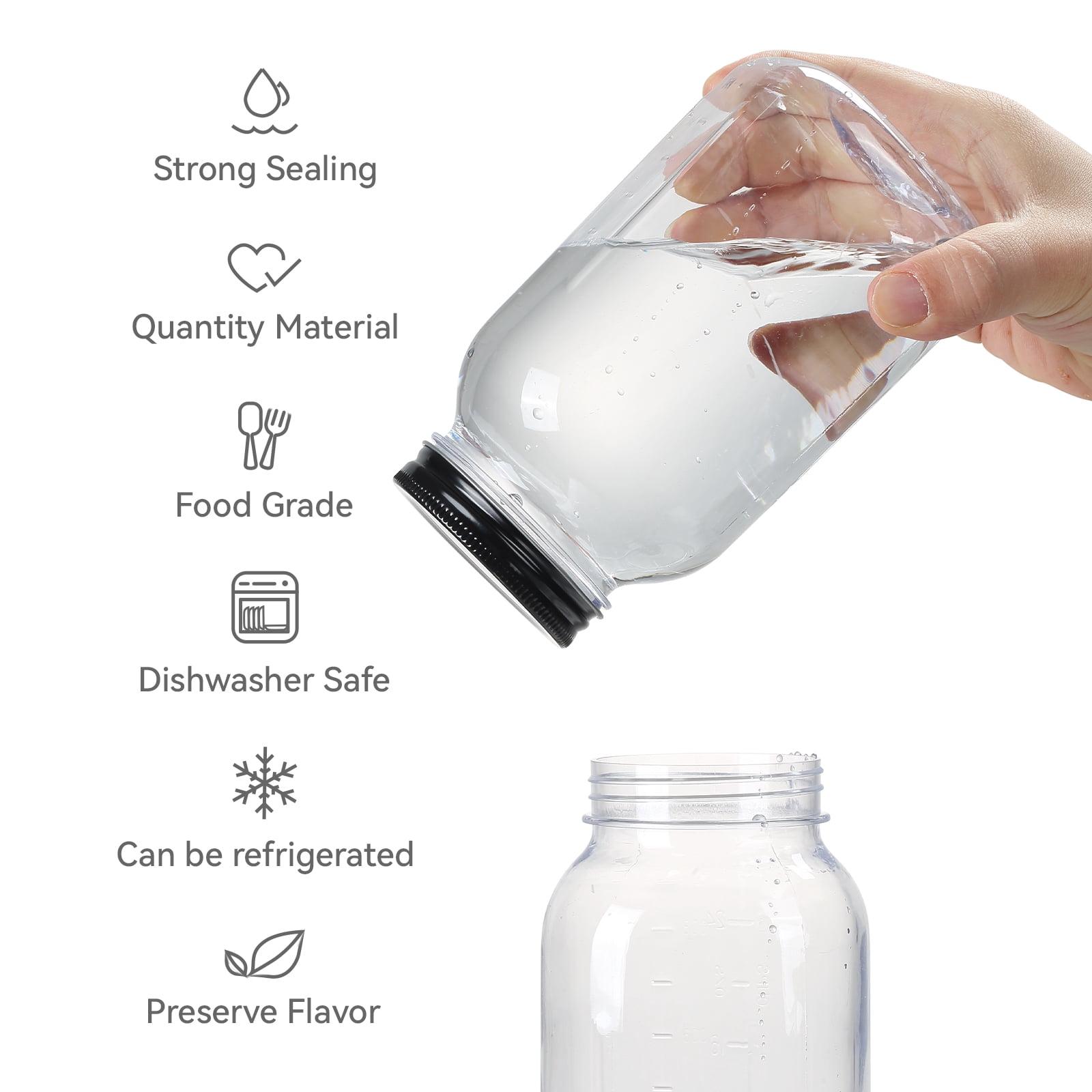 Novelinks 32oz Plastic Jars with Lids 6 Pack Clear Containers Airtight Food Storage Containers for Kitchen & Household,Black