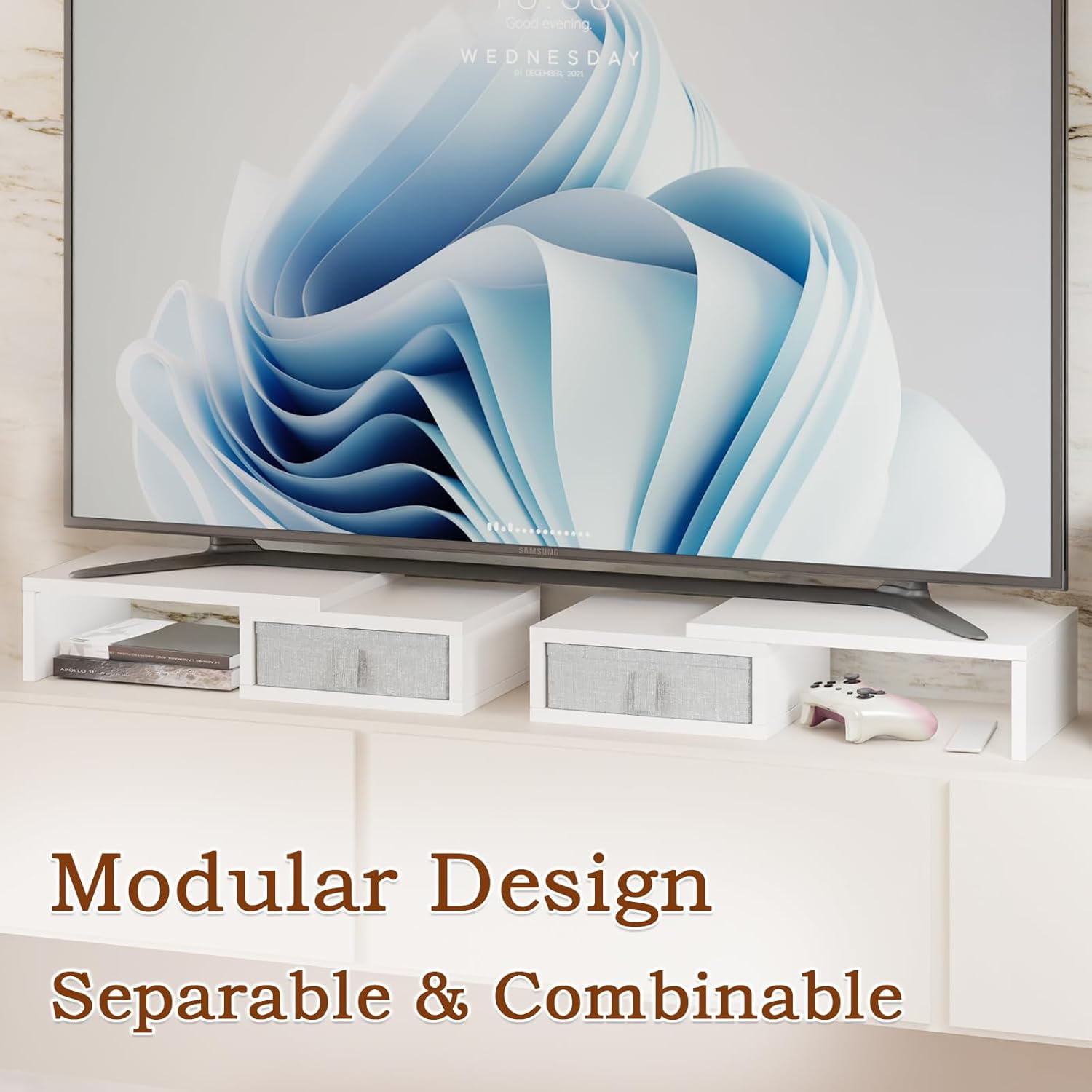 Wood Dual Monitor Stand Riser with Drawers-Length and Angle Adjustable Triple Monitor Stand with Storage Large Computer Riser for 2/3 Monitors/Laptops/PC/Printers