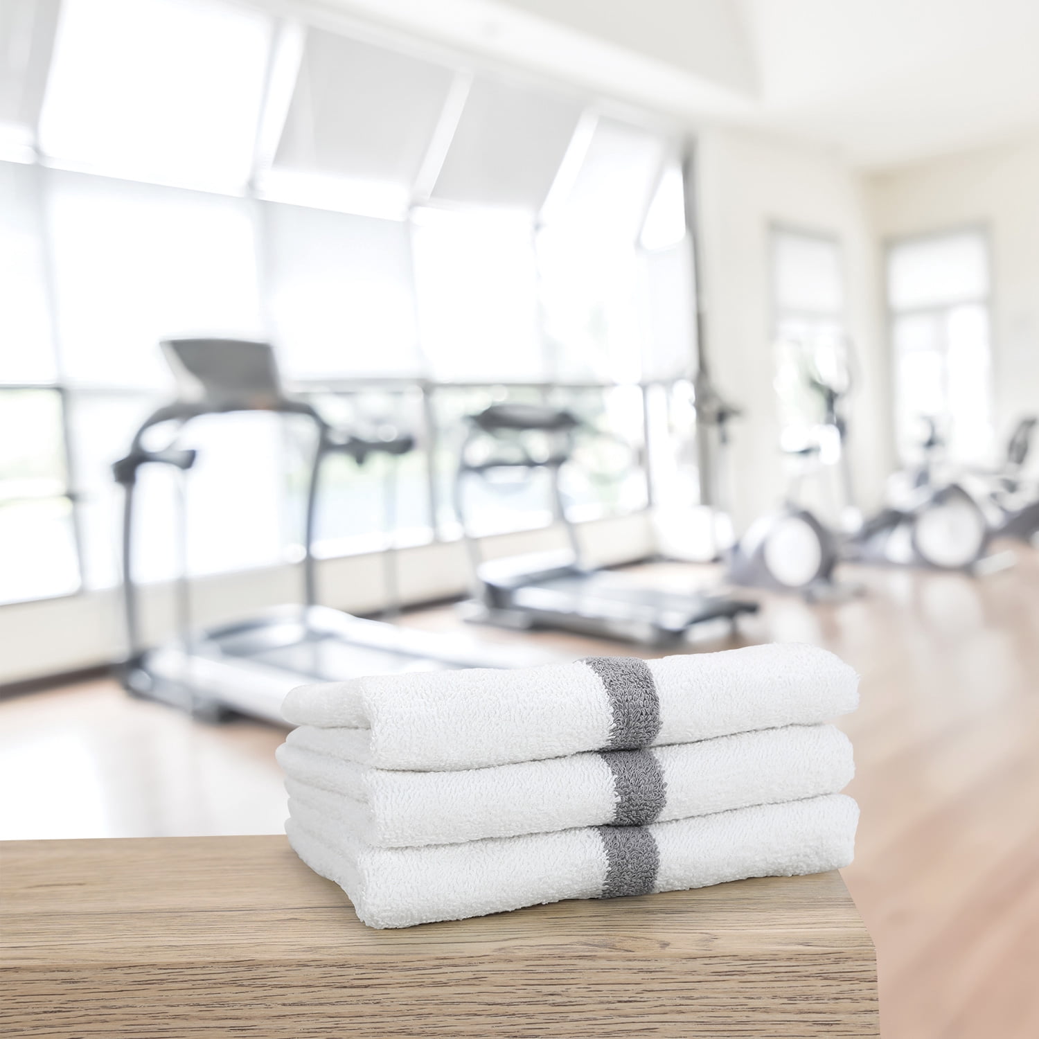 Arkwright Power Gym Hand Towels (12 Pack), 16x27 in., Soft Cotton, White with Grey Stripe